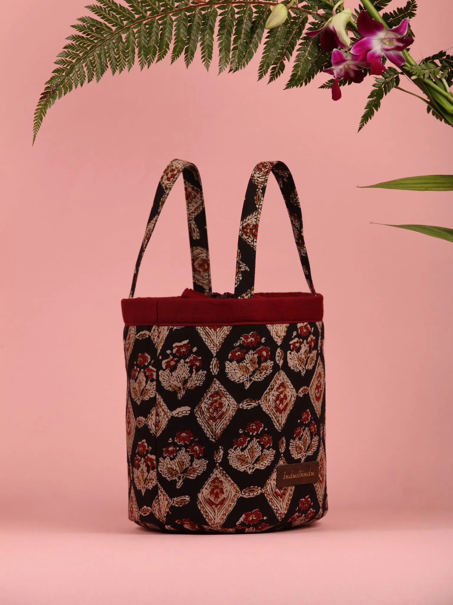 Black Maroon Hand Block Printed Bucket Utility Bag - B0201