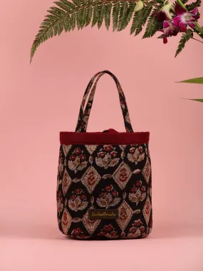 Black Maroon Hand Block Printed Bucket Utility Bag - B0201