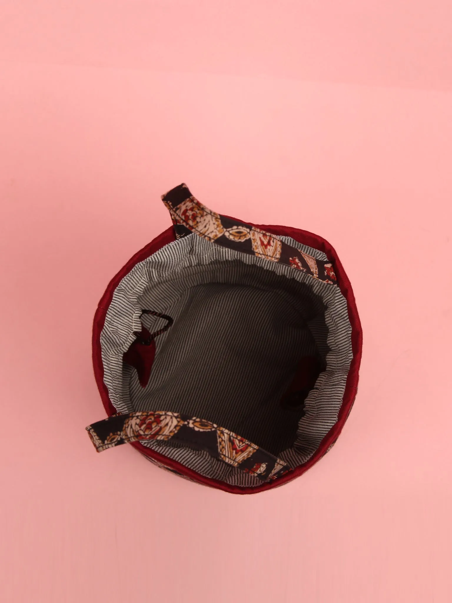 Black Maroon Hand Block Printed Bucket Utility Bag - B0201