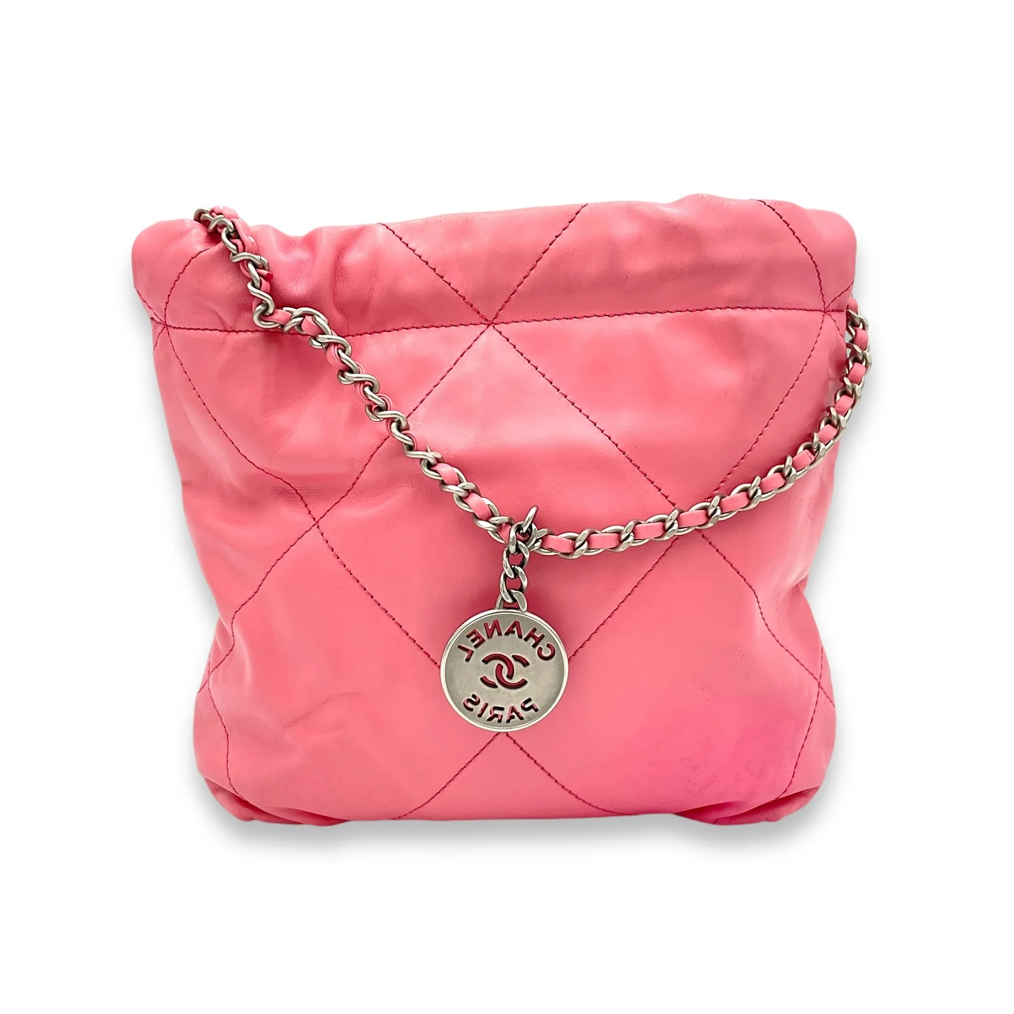 C22 Crossbody Bag Mini Pink in Calfskin, Silver hardware