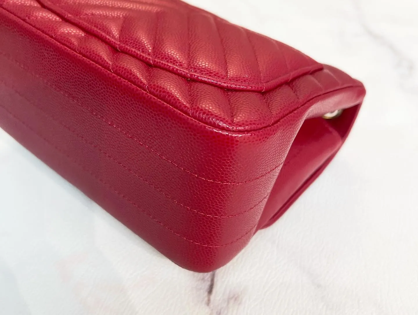 Chanel 18B Mini Square Raspberry Red Chanel Chevron Caviar with light gold hardware