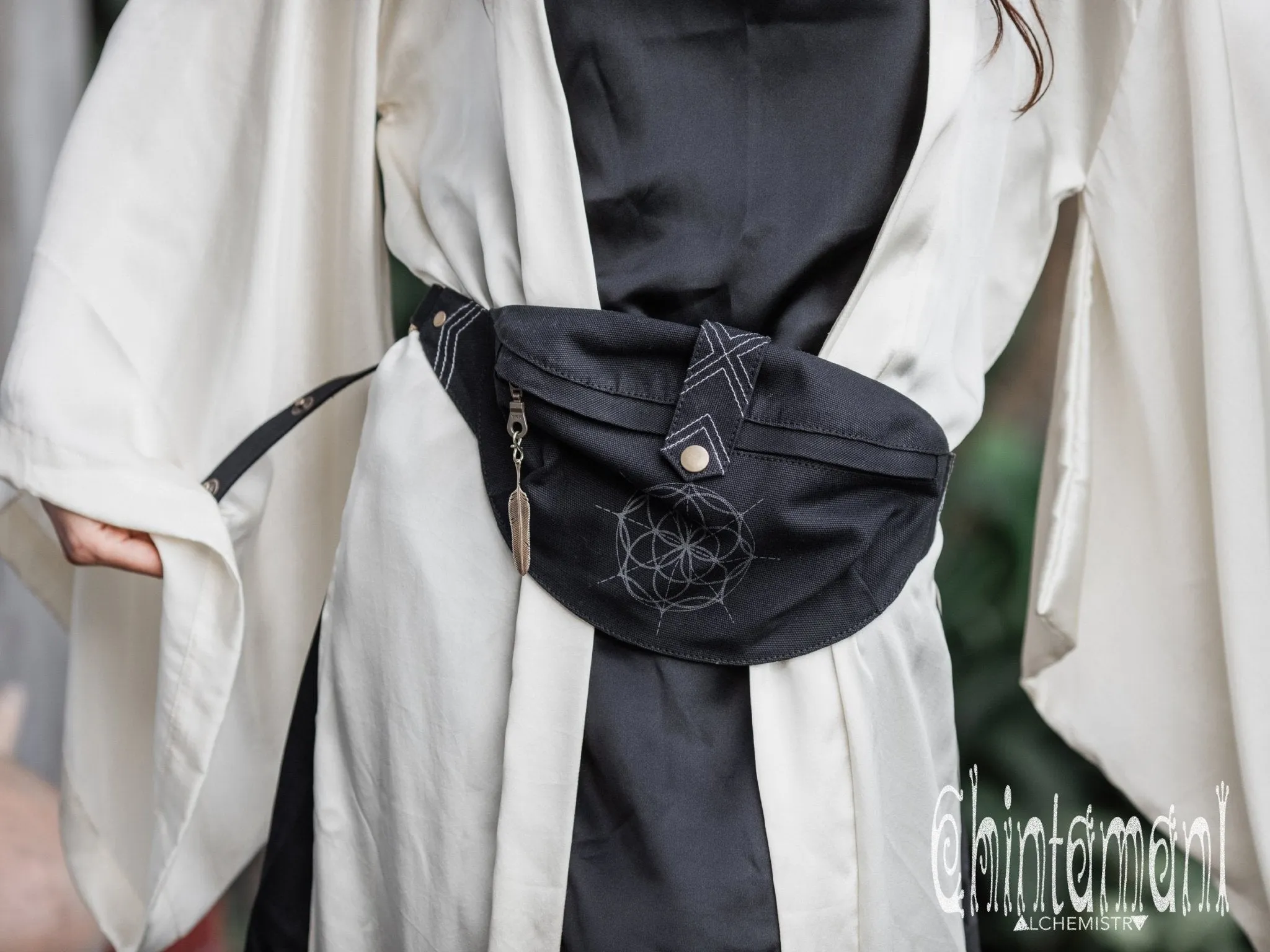 Cotton Canvas Banana Fanny Pack / Waist Bum Bag with Flower of Life Pattern / Black