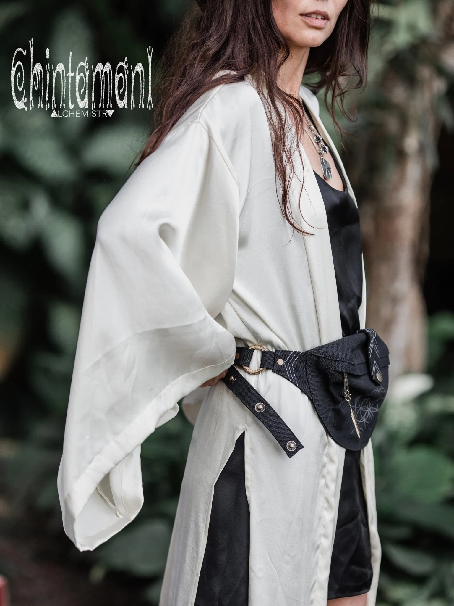 Cotton Canvas Banana Fanny Pack / Waist Bum Bag with Flower of Life Pattern / Black