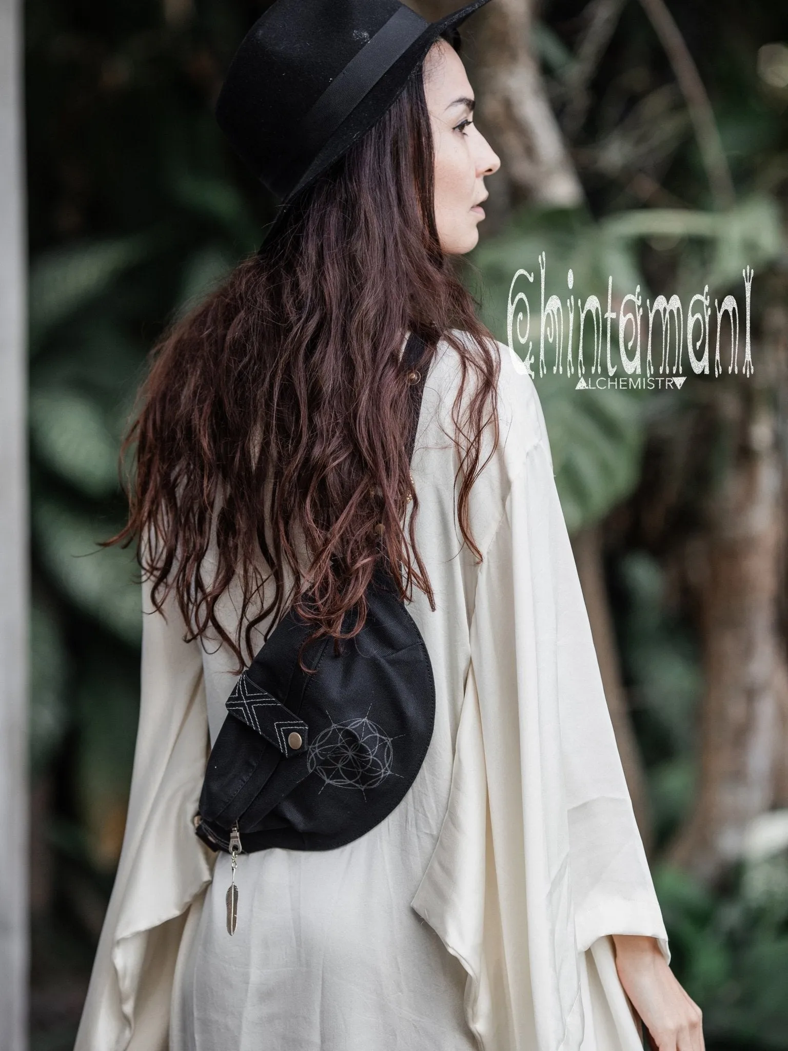 Cotton Canvas Banana Fanny Pack / Waist Bum Bag with Flower of Life Pattern / Black