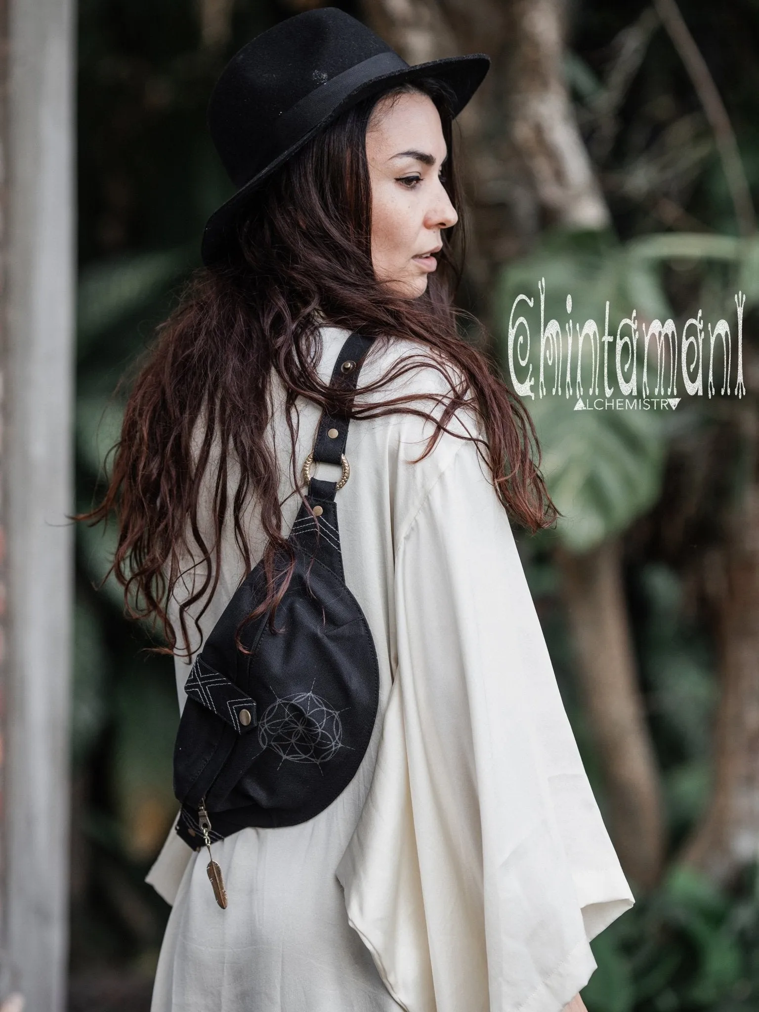 Cotton Canvas Banana Fanny Pack / Waist Bum Bag with Flower of Life Pattern / Black