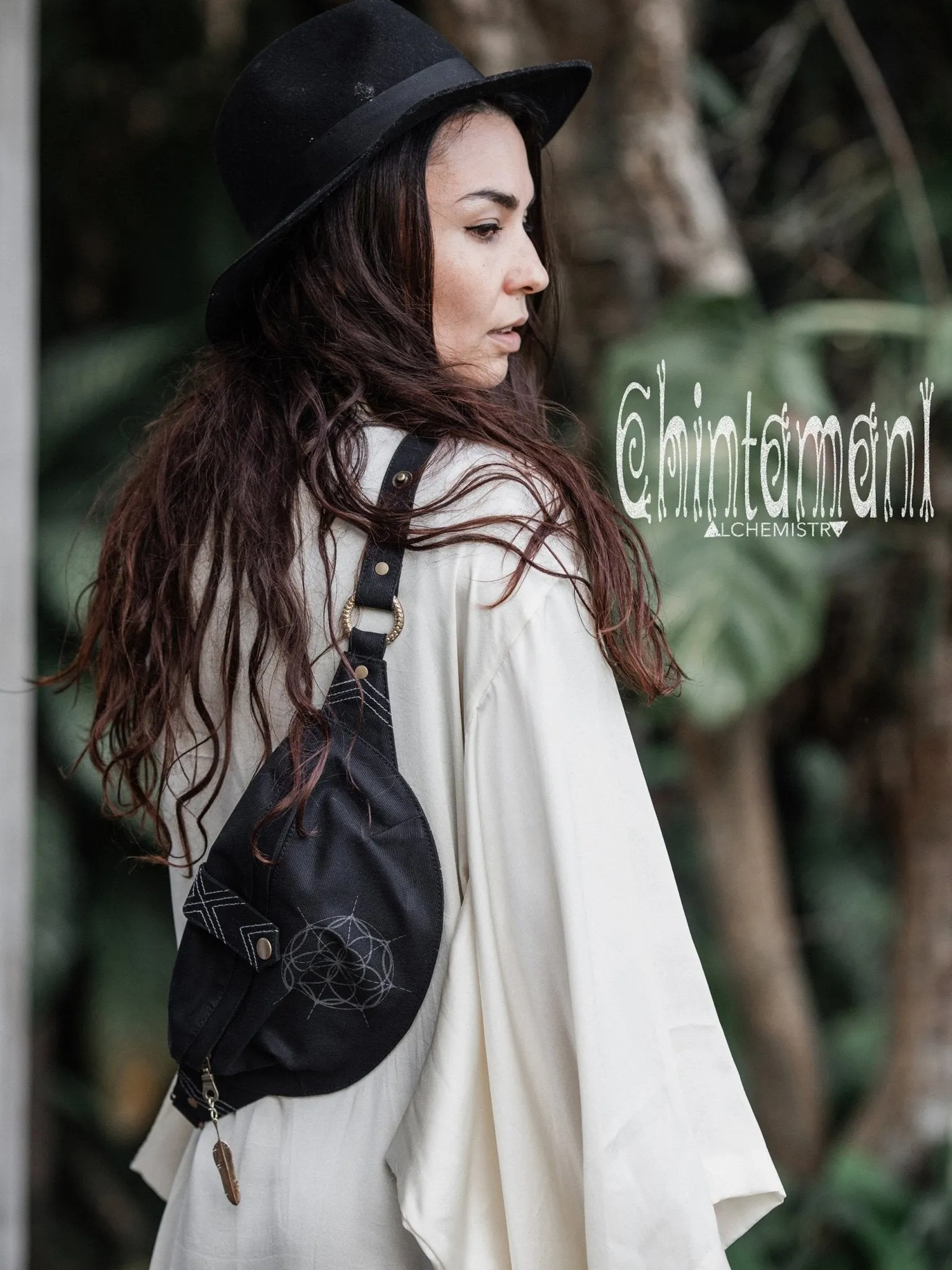 Cotton Canvas Banana Fanny Pack / Waist Bum Bag with Flower of Life Pattern / Black