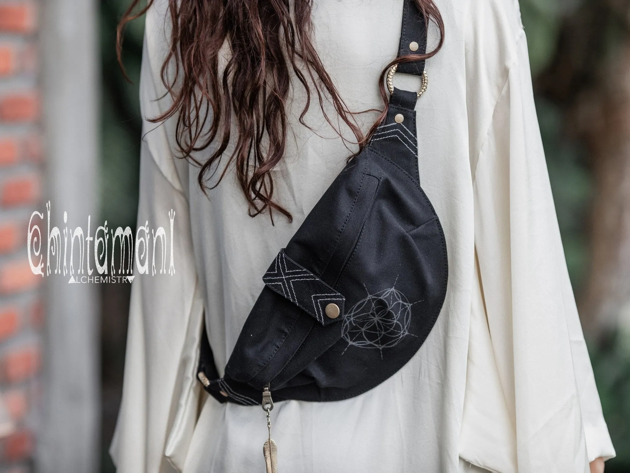 Cotton Canvas Banana Fanny Pack / Waist Bum Bag with Flower of Life Pattern / Black