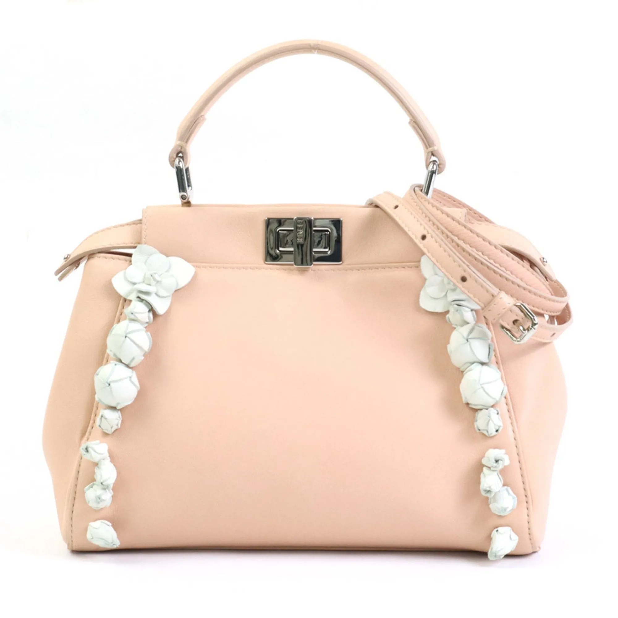 FENDI Handbag Crossbody Shoulder Bag Mini Peekaboo Leather Pink Beige/White Silver Women's