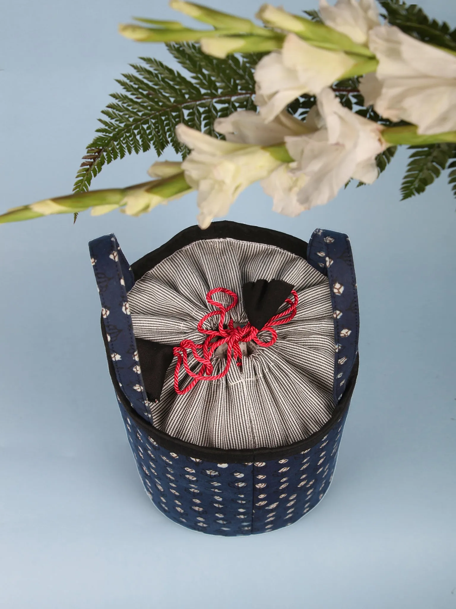 Indigo Black Ajrakh Block Printed Bucket Utility Bag - B0204