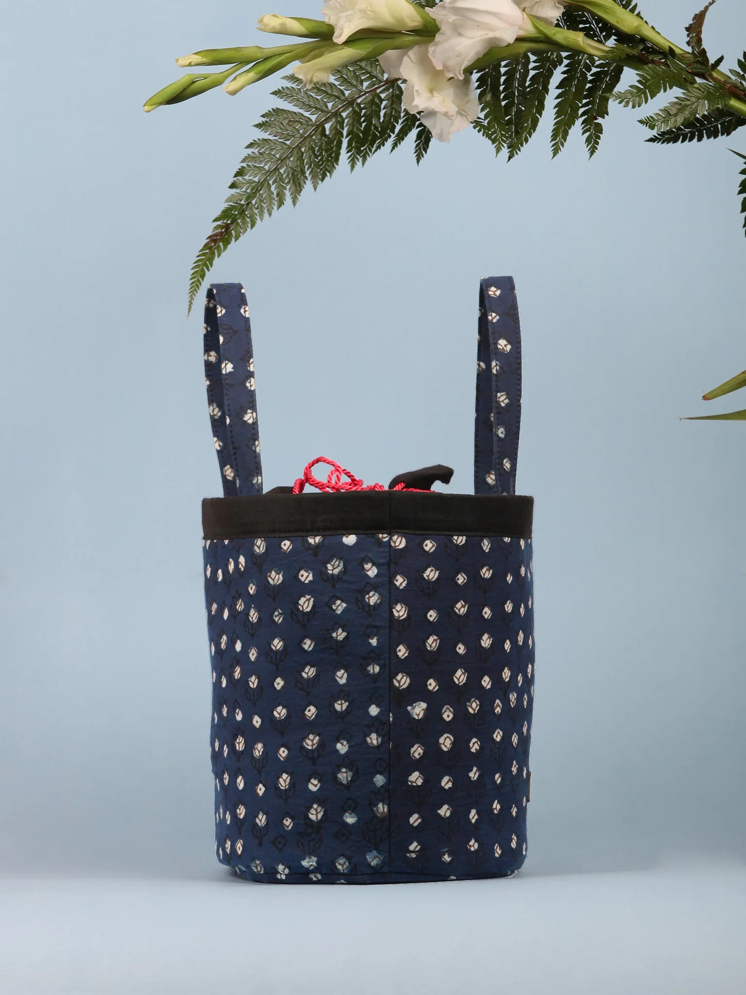 Indigo Black Ajrakh Block Printed Bucket Utility Bag - B0204