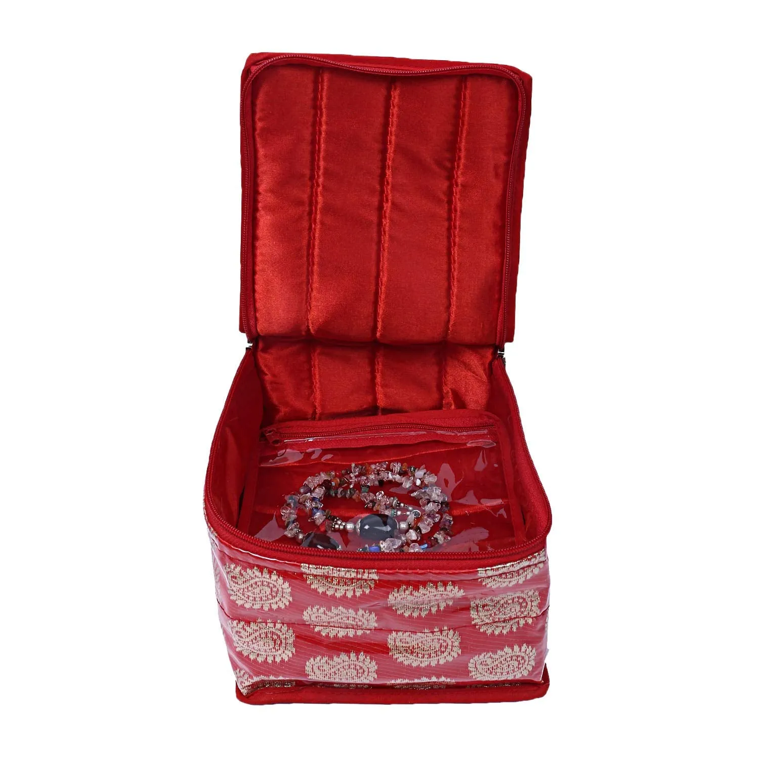 Kuber Industries Brocade 2 Piece Jewellery Box/Organizer with 10 Pouch - Red-CTKTC021466