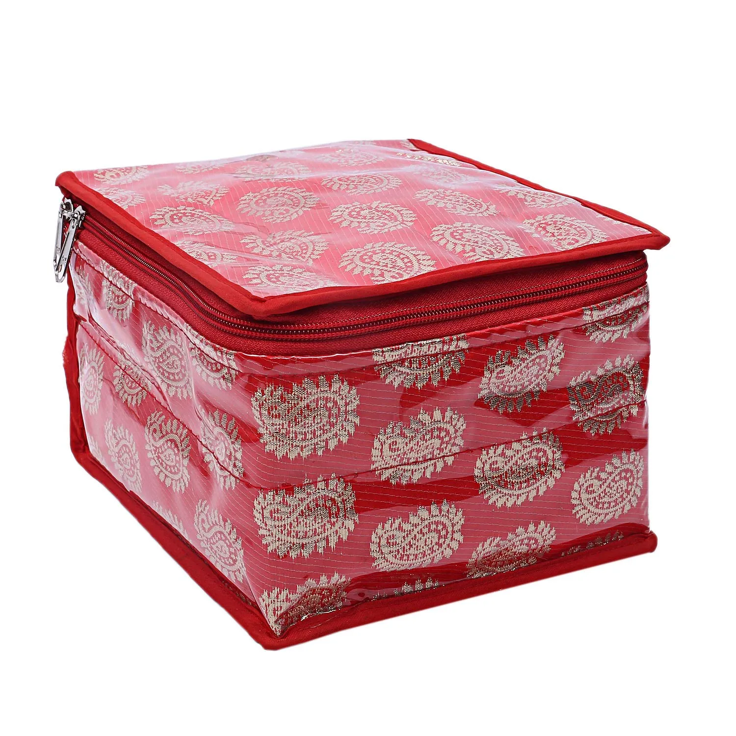 Kuber Industries Brocade 2 Piece Jewellery Box/Organizer with 10 Pouch - Red-CTKTC021466