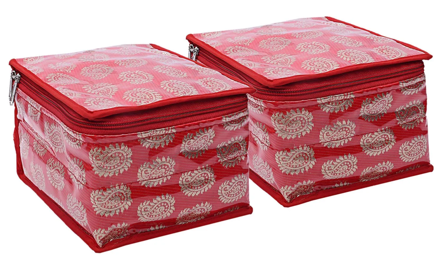 Kuber Industries Brocade 2 Piece Jewellery Box/Organizer with 10 Pouch - Red-CTKTC021466