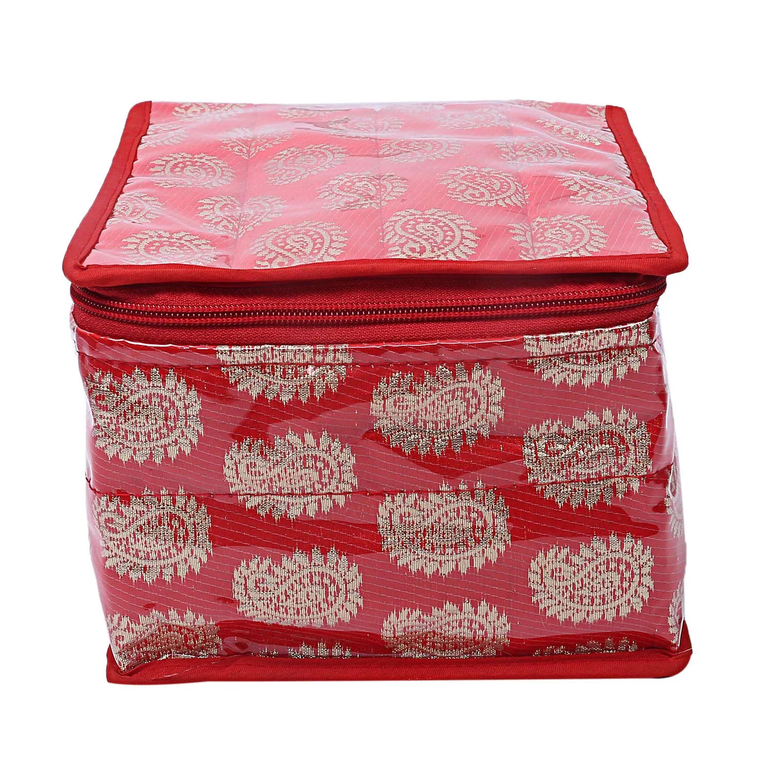 Kuber Industries Brocade 2 Piece Jewellery Box/Organizer with 10 Pouch - Red-CTKTC021466