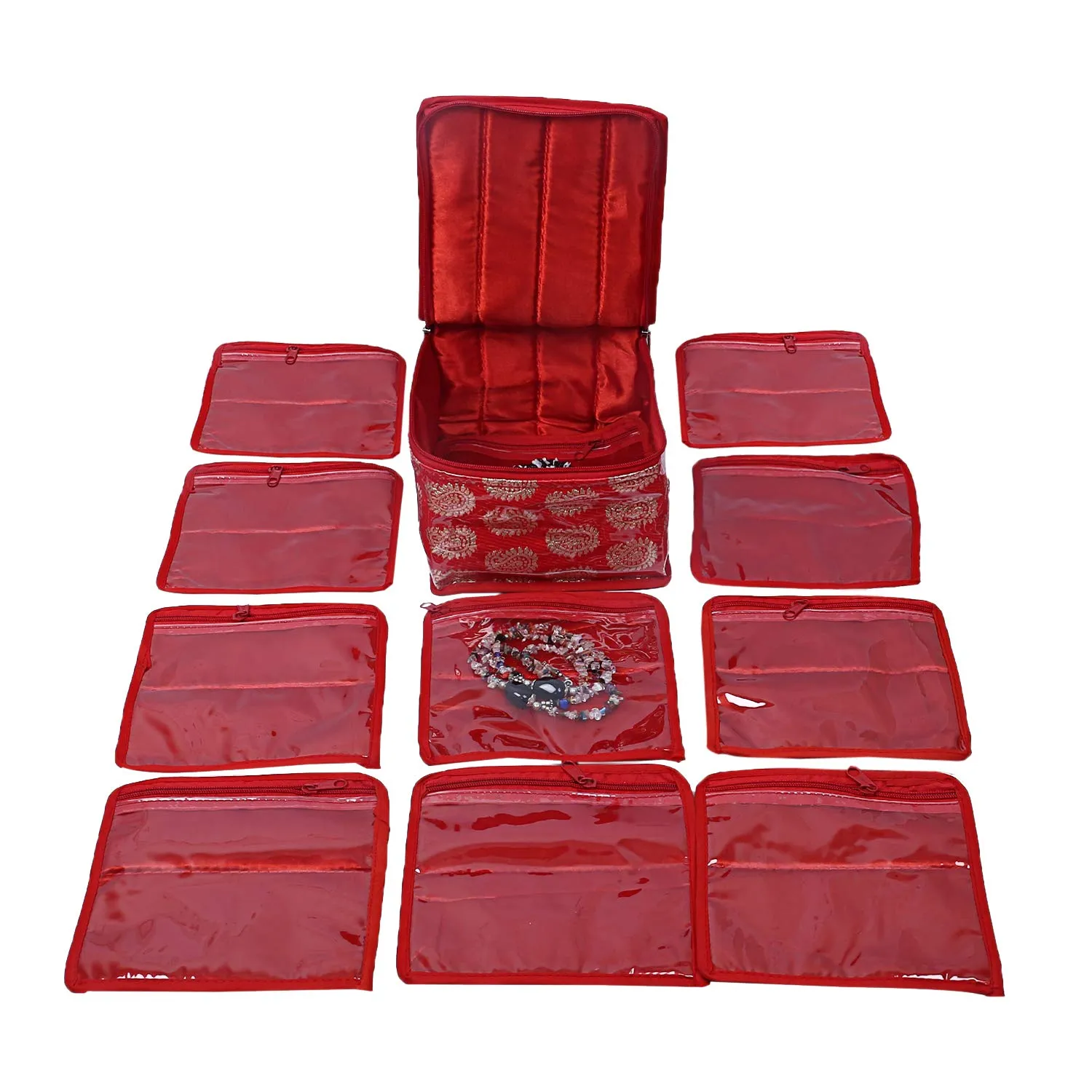 Kuber Industries Brocade 2 Piece Jewellery Box/Organizer with 10 Pouch - Red-CTKTC021466