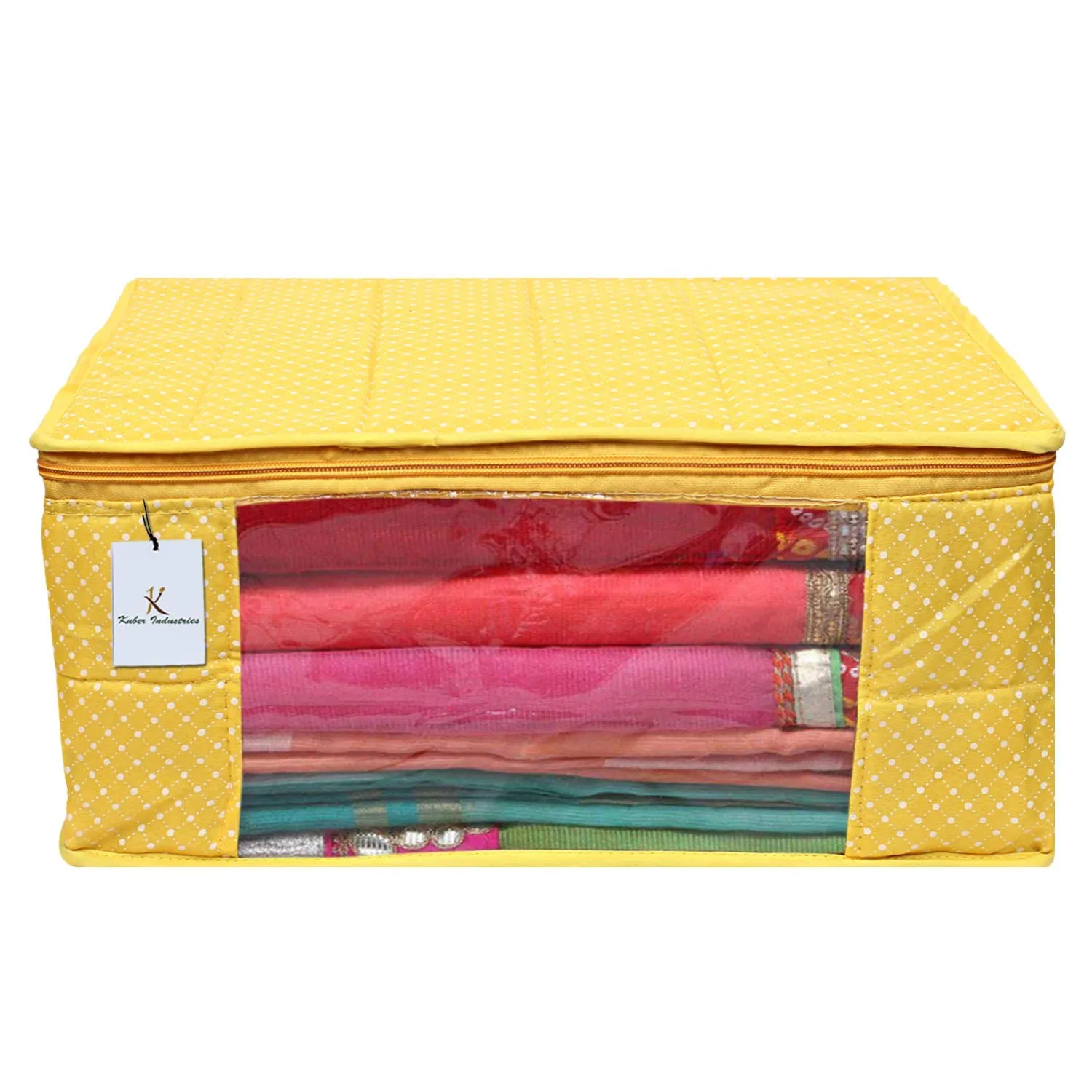 Kuber Industries Saree Covers With Zip|Clothes Storage Bag|Garment Bag For Travel, Wedding, Storage|Polka Dots (Yellow)
