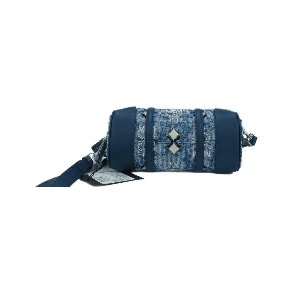 MCM Boston Mini Blue Vintage Jacquard Logo Fabric Satchel Crossbody Handbag