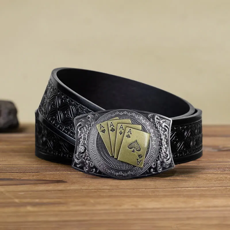 Men's DIY Gold Poker Hidden Folding Knife Leather Belt