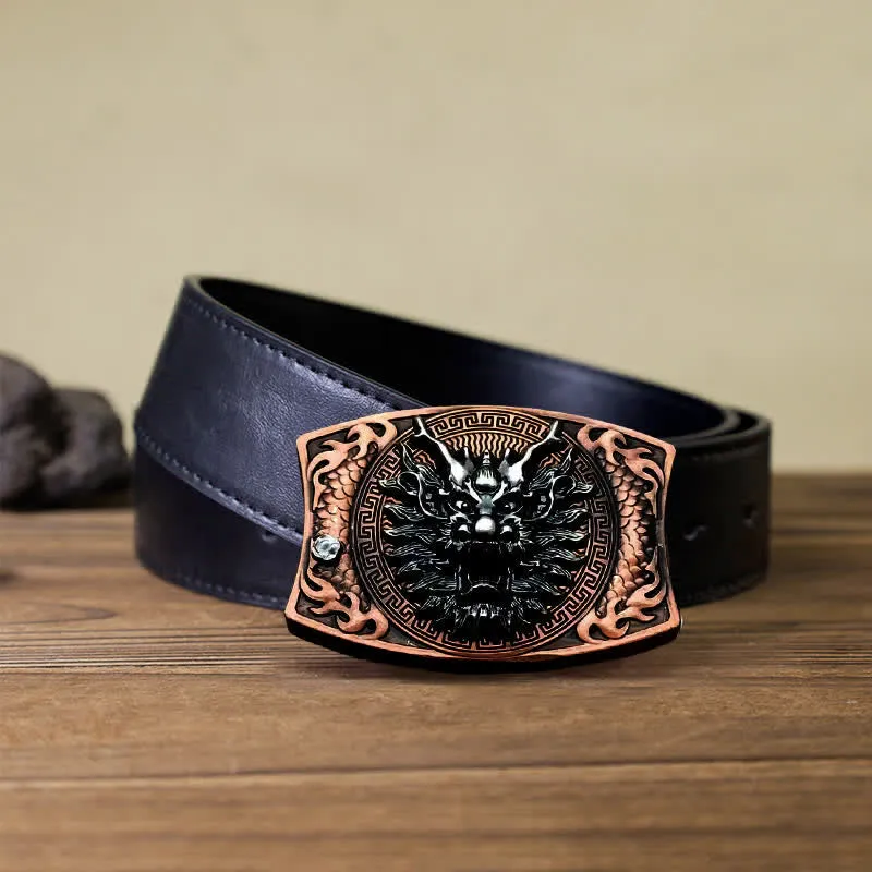 Men's DIY Red Bronze Dragon Hidden Folding Knife Leather Belt