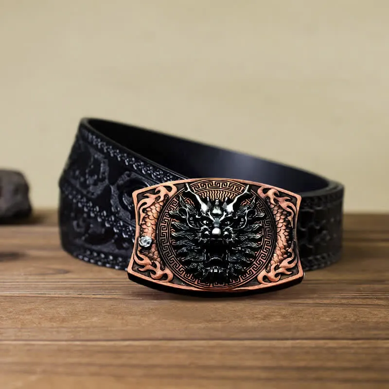 Men's DIY Red Bronze Dragon Hidden Folding Knife Leather Belt