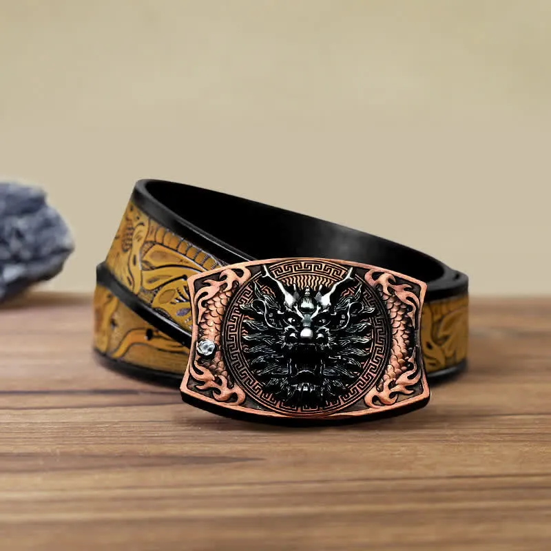 Men's DIY Red Bronze Dragon Hidden Folding Knife Leather Belt