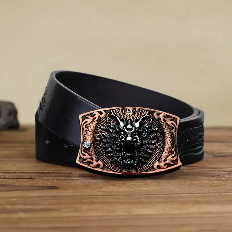 Men's DIY Red Bronze Dragon Hidden Folding Knife Leather Belt