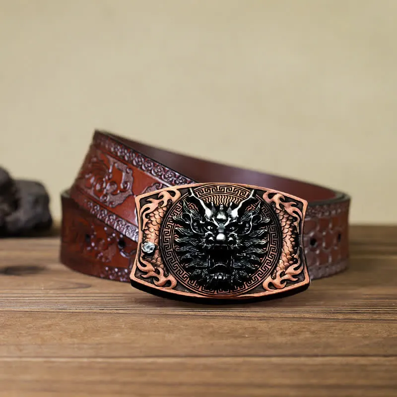 Men's DIY Red Bronze Dragon Hidden Folding Knife Leather Belt