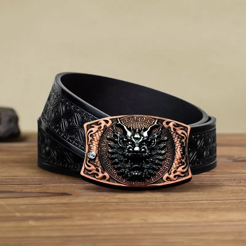 Men's DIY Red Bronze Dragon Hidden Folding Knife Leather Belt
