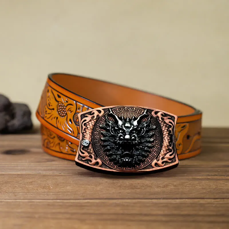 Men's DIY Red Bronze Dragon Hidden Folding Knife Leather Belt