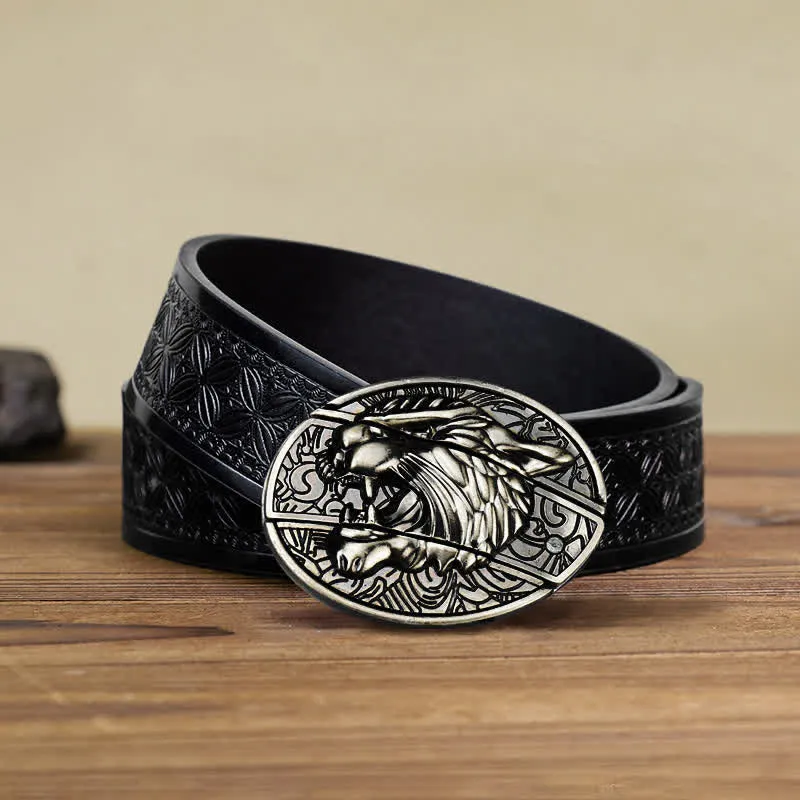 Men's DIY Roaring Tiger Hidden Folding Knife Leather Belt