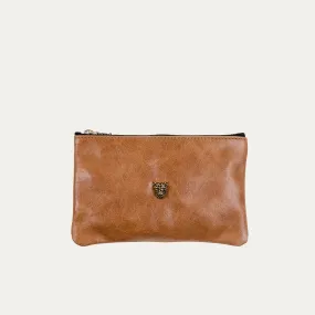 Pauly Pouch Organizer | Distressed Cognac Leather   Gold Hardwear   Gold Cheetah Medallion
