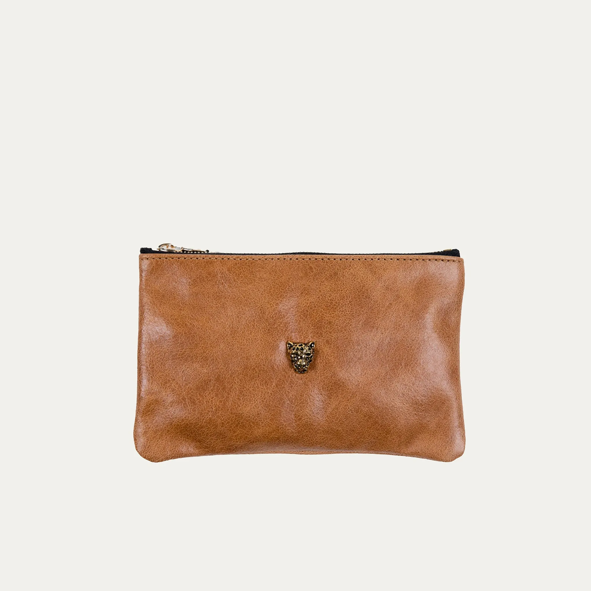 Pauly Pouch Organizer | Distressed Cognac Leather   Gold Hardwear   Gold Cheetah Medallion