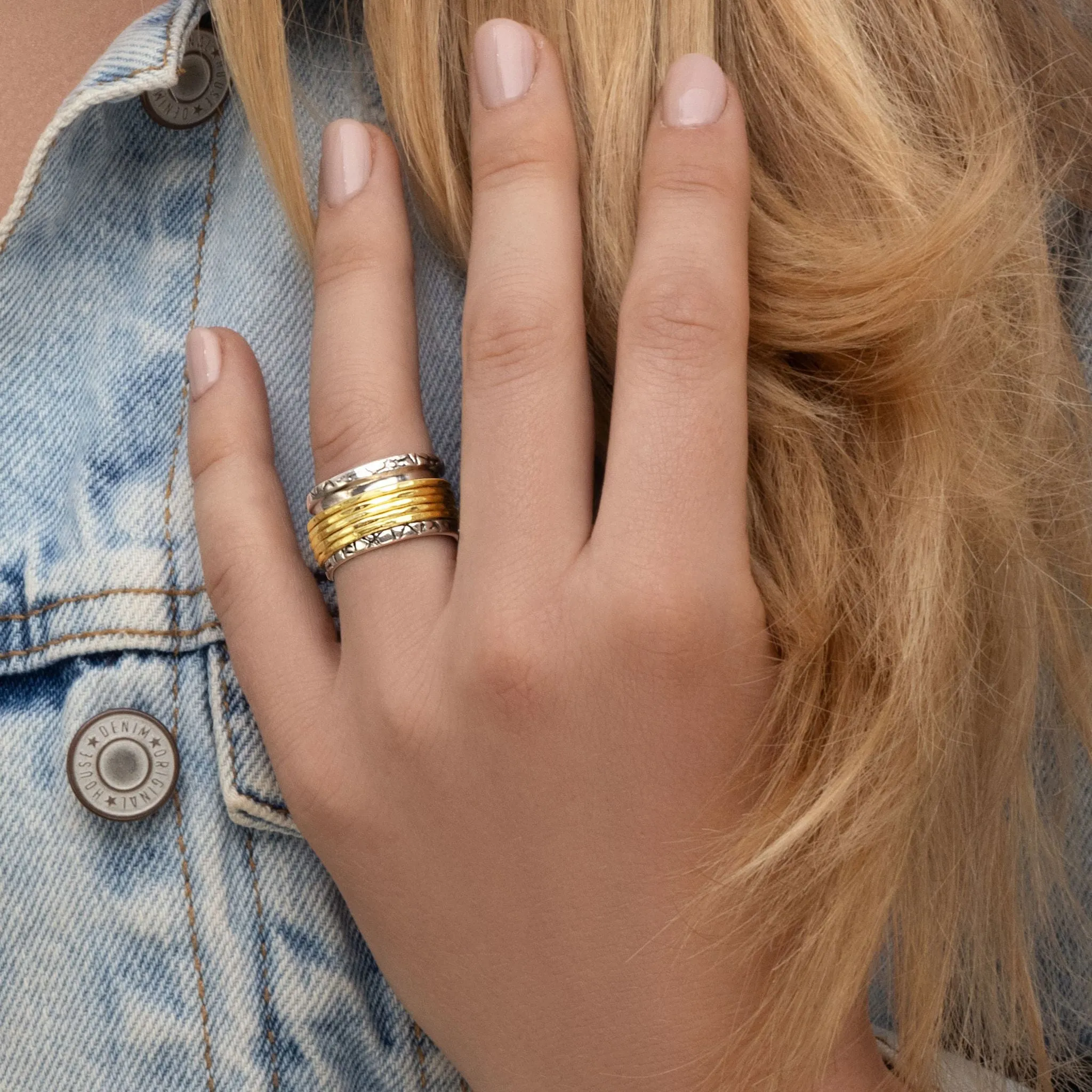 Sterling Silver and Gold Hammered Spinner Ring
