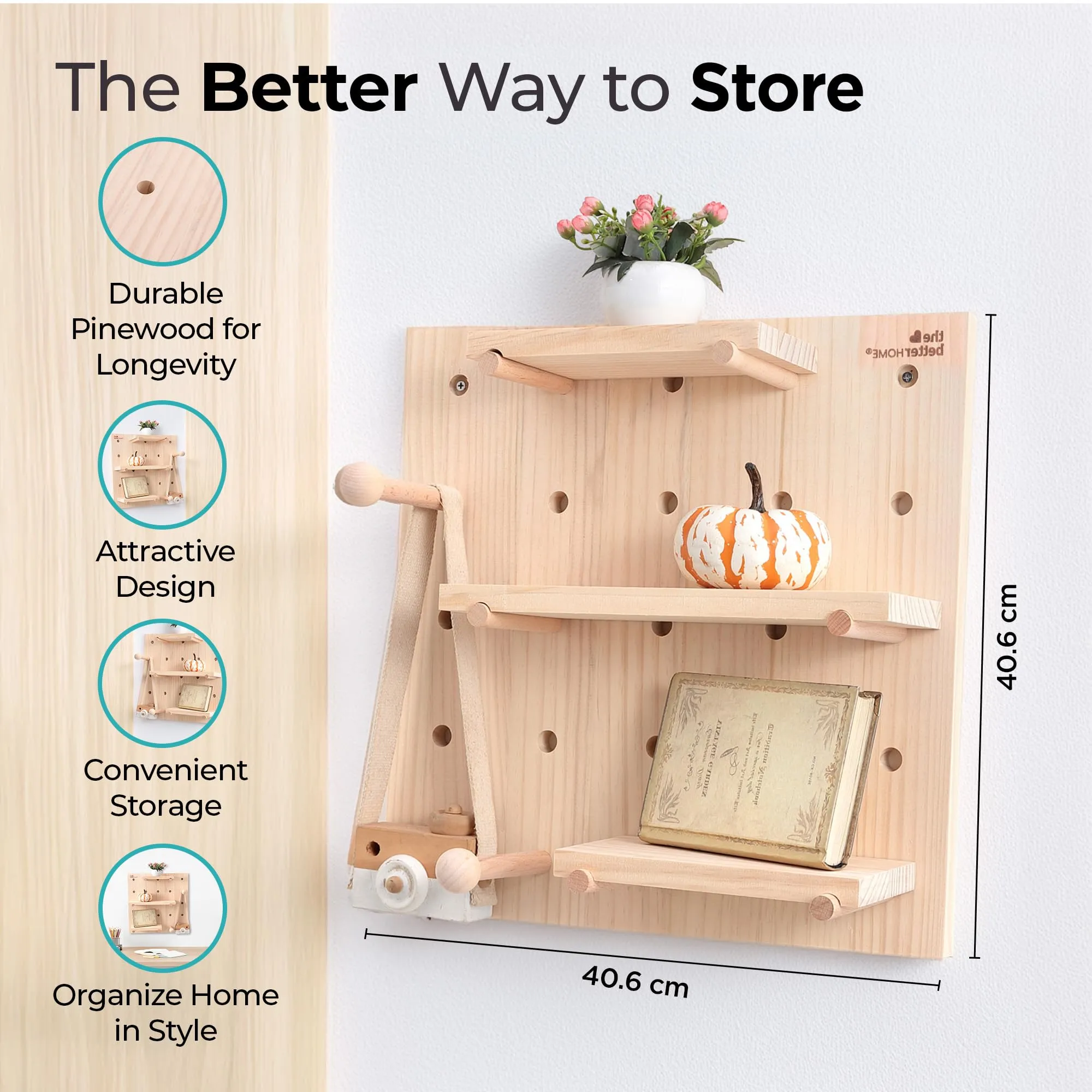 The Better Home Pinewood Pegboard Wall Organizer(16 * 16inch) Wooden Shelf for Wall | Wall Shelf for Living Room, Office, Bedroom | Wall Hanging Shelf | Wooden Key Holder for Wall | Storage Organizer