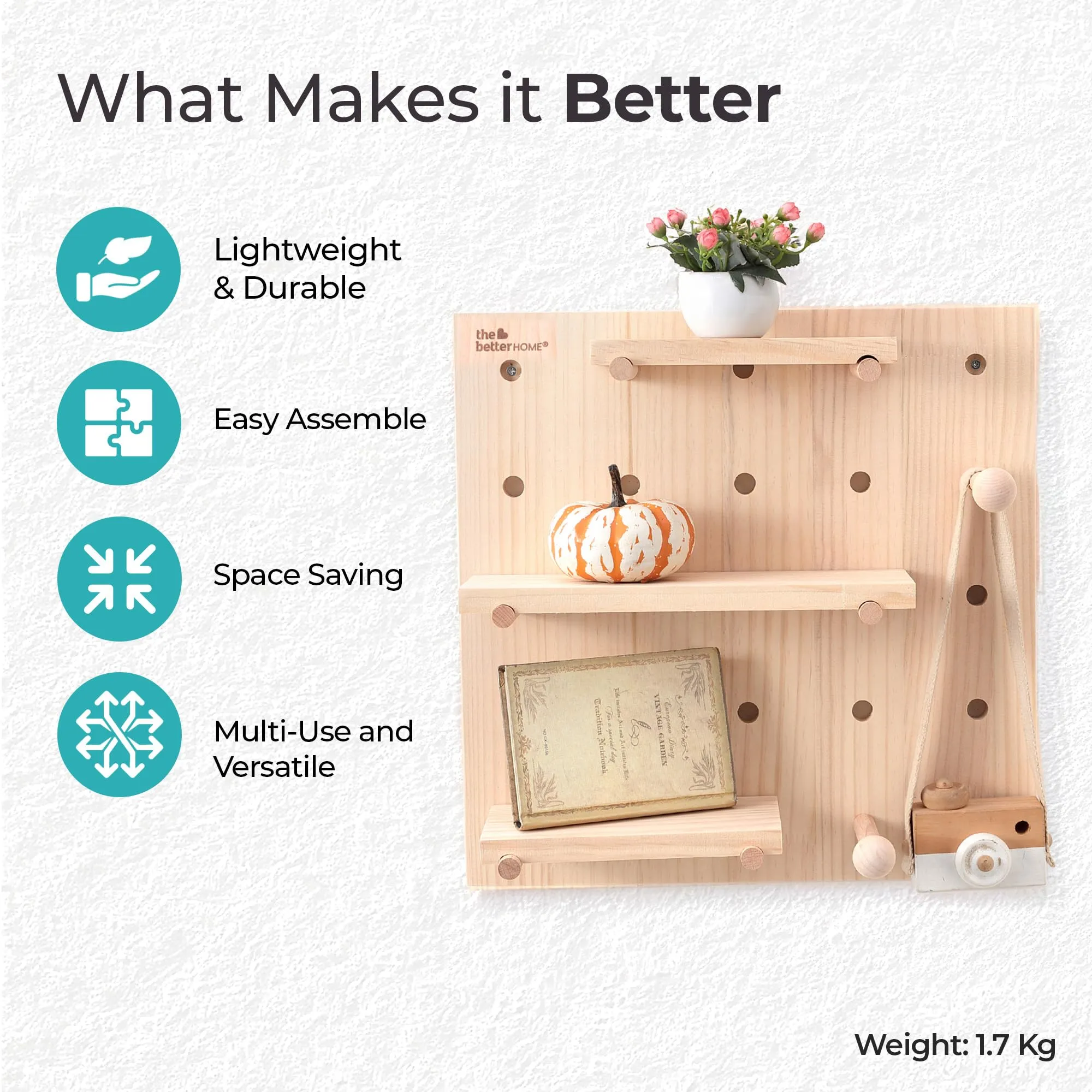 The Better Home Pinewood Pegboard Wall Organizer(16 * 16inch) Wooden Shelf for Wall | Wall Shelf for Living Room, Office, Bedroom | Wall Hanging Shelf | Wooden Key Holder for Wall | Storage Organizer