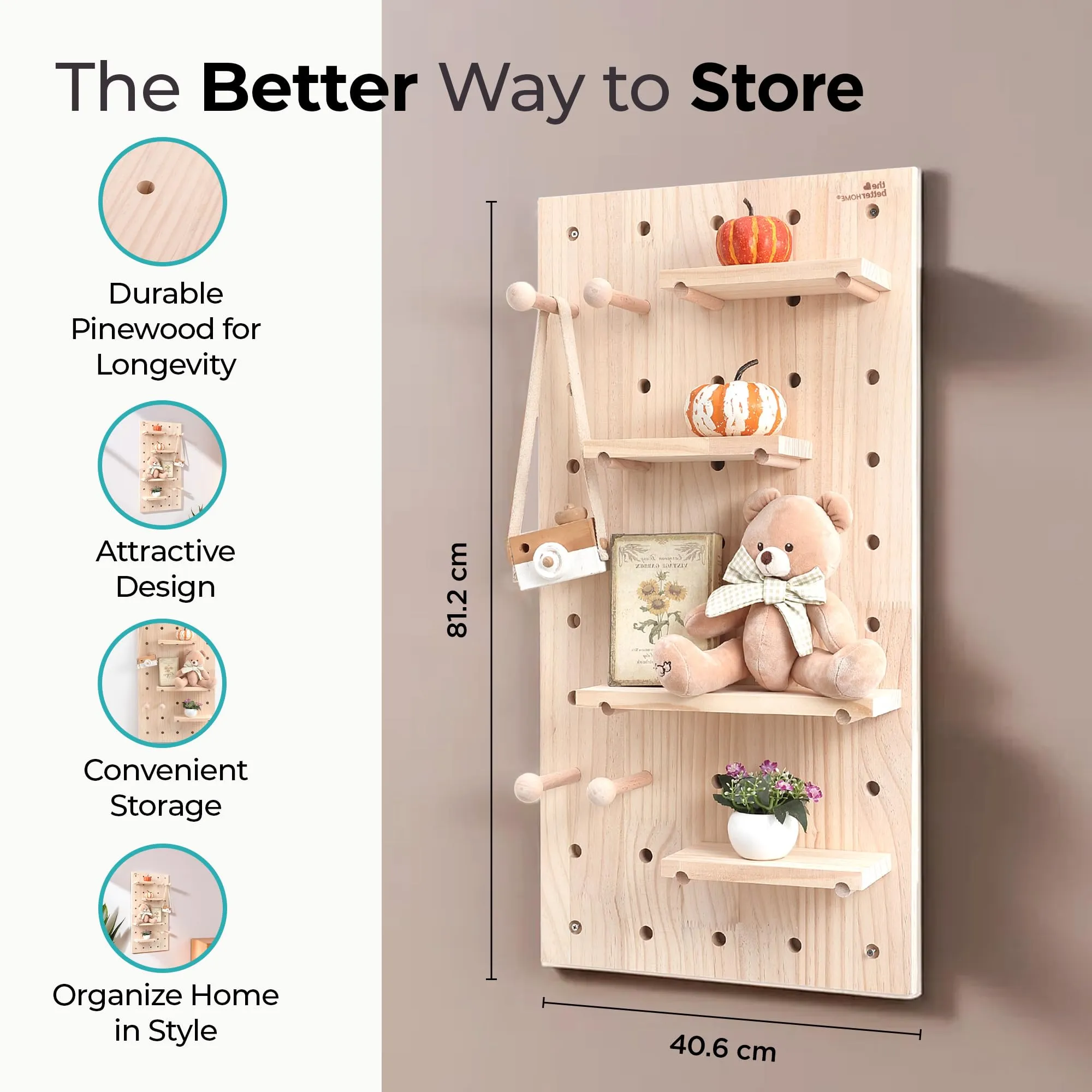 The Better Home Pinewood Pegboard Wall Organizer(32 * 16inch) Wooden Shelf for Wall | Wall Shelf for Living Room, Office, Bedroom | Wall Hanging Shelf | Wooden Key Holder for Wall | Storage Organizer