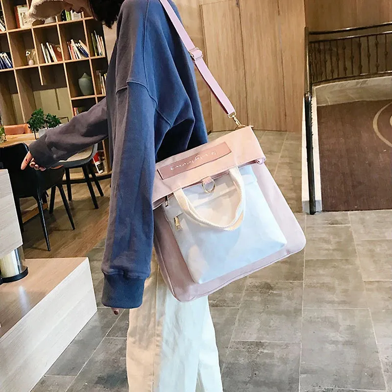 UAKISS  -  Multi Purpose Canvas Bag College Style Shoulder Messenger Bags Simple Color Matching Large Capacity Handbag Portable Tote