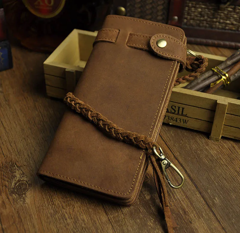 WESTAL   Retro Handmade Crazy Horse Genuine Leather Men's Long Wallet