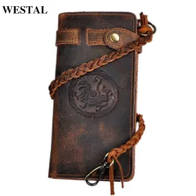 WESTAL   Retro Handmade Crazy Horse Genuine Leather Men's Long Wallet
