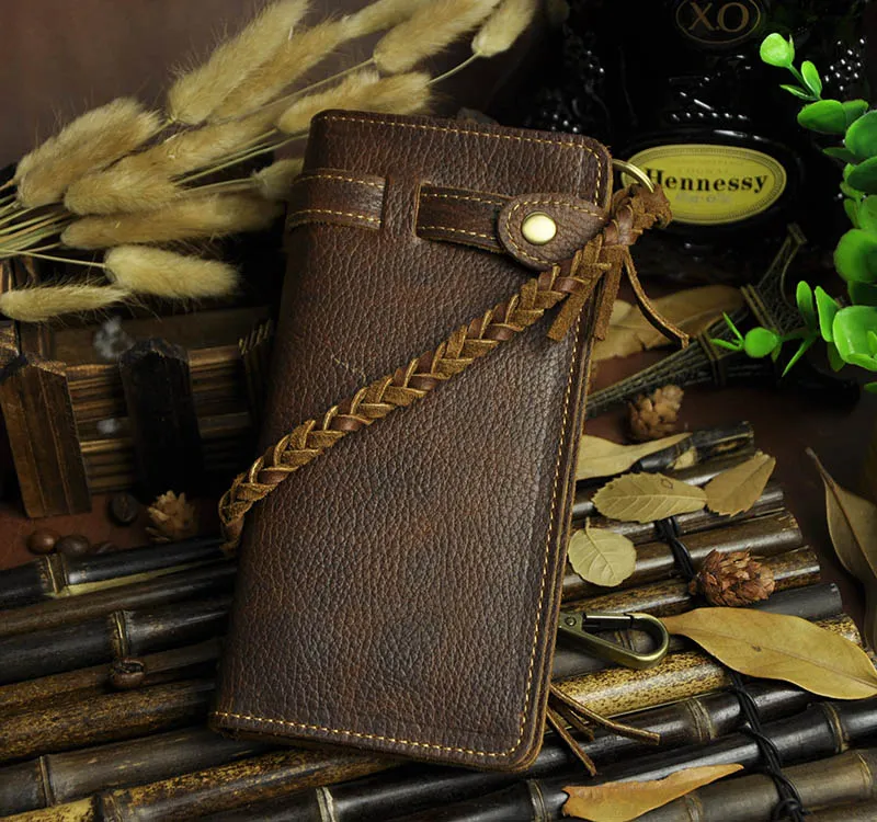 WESTAL   Retro Handmade Crazy Horse Genuine Leather Men's Long Wallet