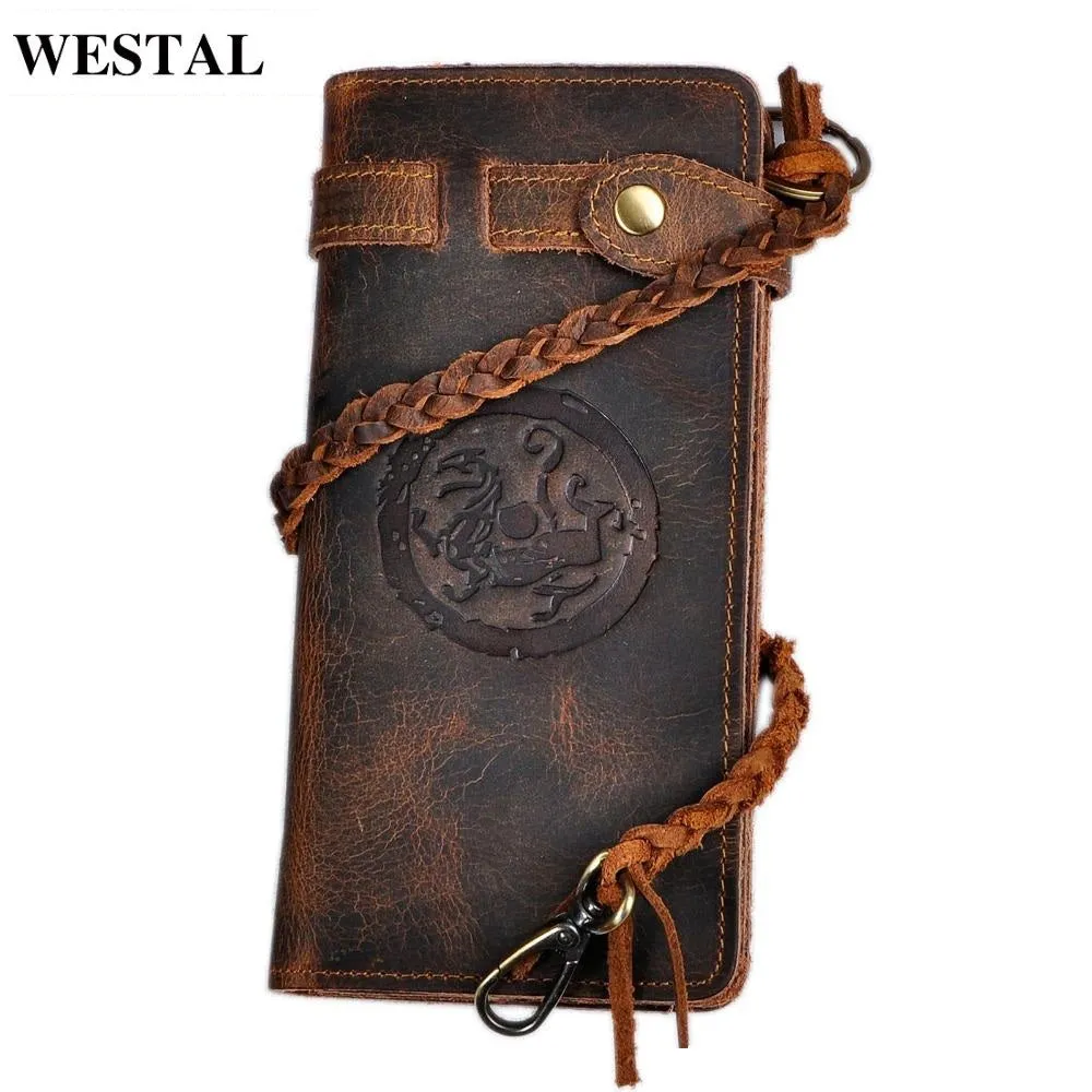 WESTAL   Retro Handmade Crazy Horse Genuine Leather Men's Long Wallet