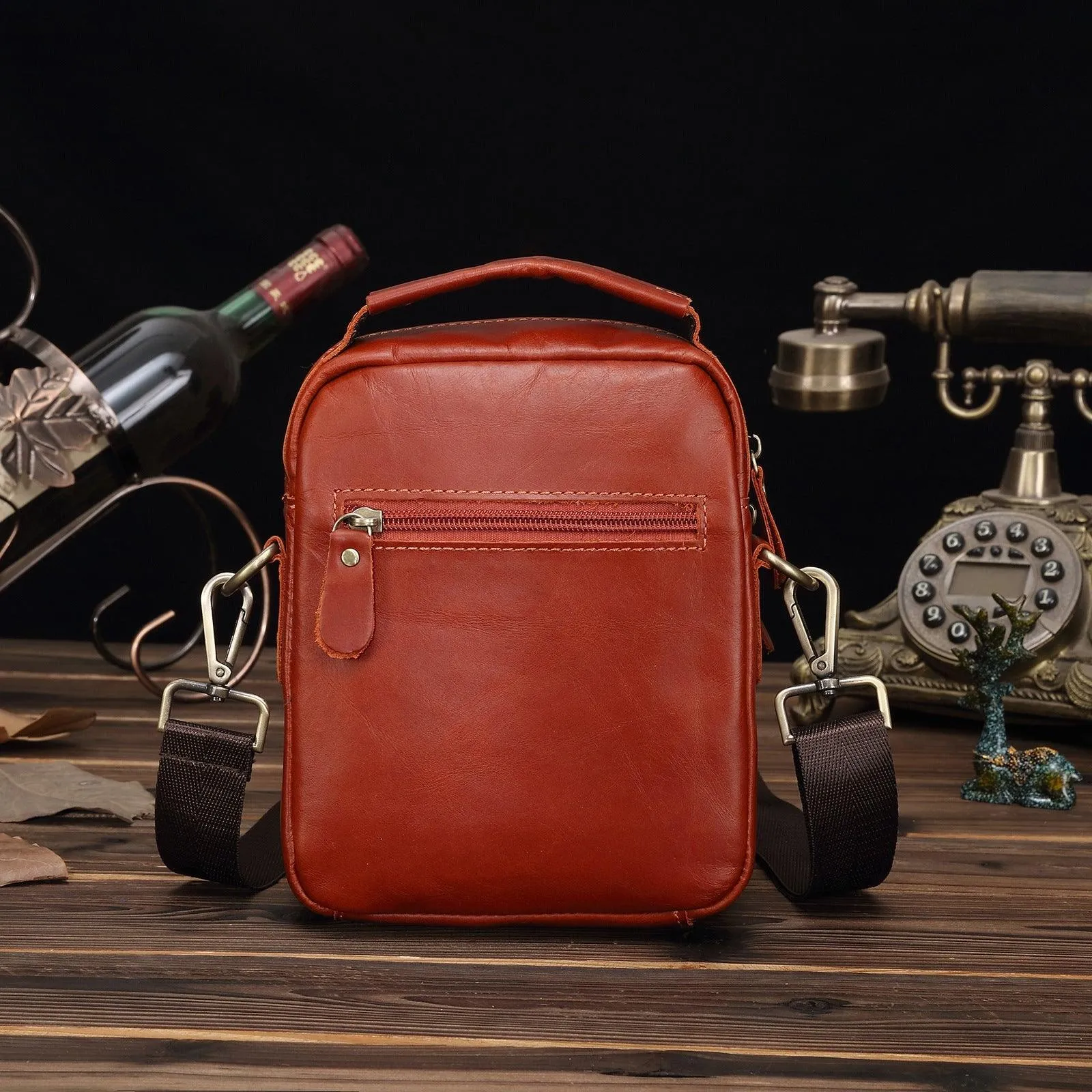 Woosir Vintage Red-Brown Leather Messenger Bag for Men